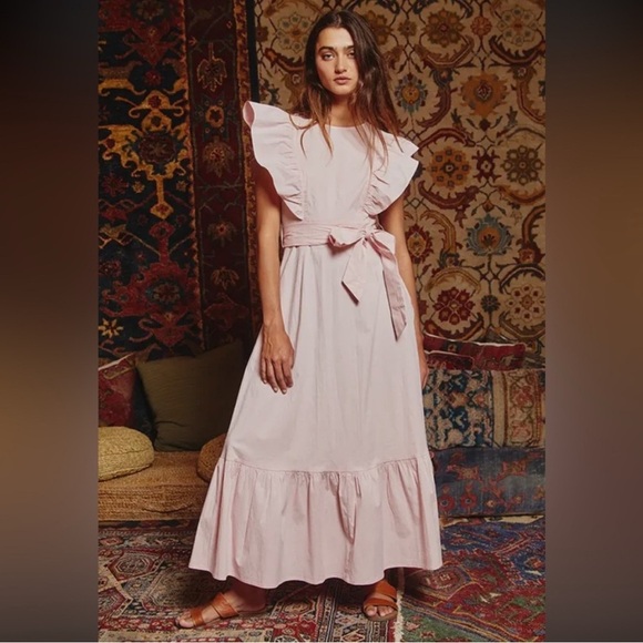 Elegant pale Pink Ruffle Dress Midi Exaggerated short ruffle sleeves tier hem L - Picture 3 of 16